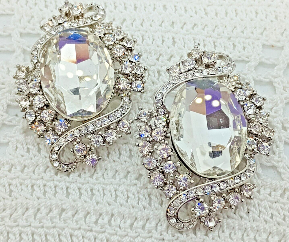 Pair Set Sparkling Rhinestone 2.5 x 2" Brooches Unbranded Quality Bridal Wedding